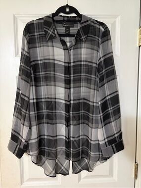 Lane Bryant sheer button down black and gray plaid blouse size 18/20